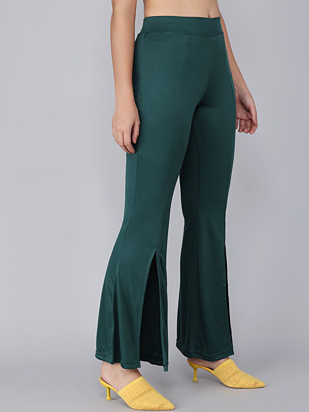Kotty Women Green Solid Flared High-Rise Bootcut Trousers