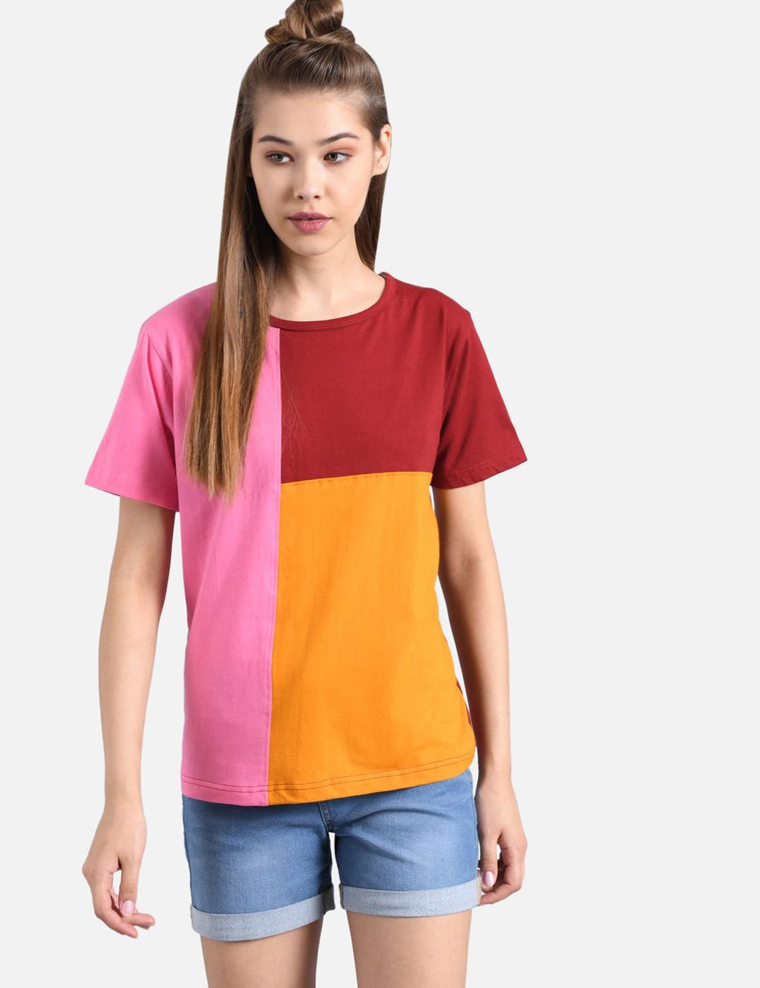 Kotty Women Red & Pink Colourblocked Round Neck T-shirt