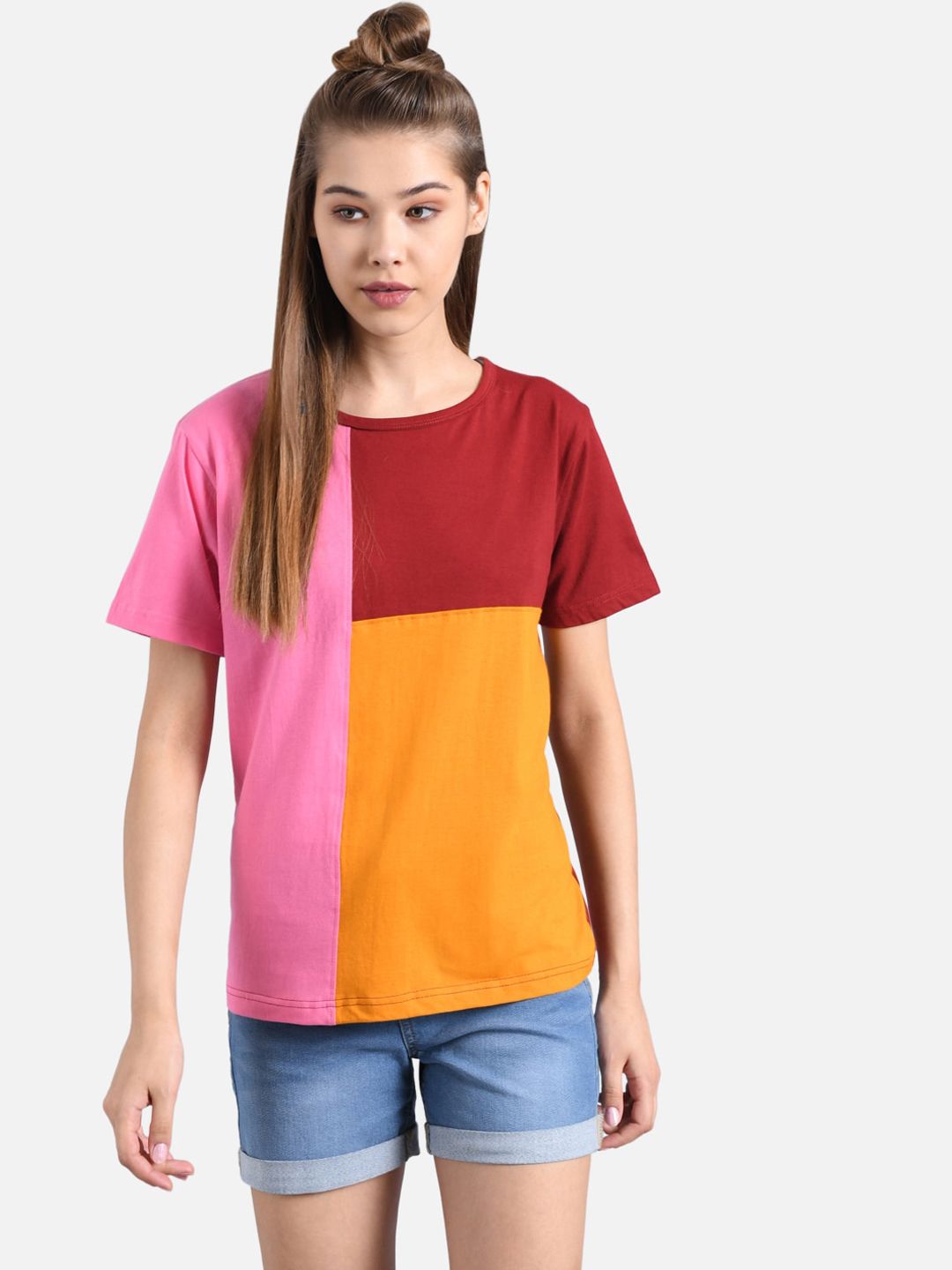 Kotty Women Red & Pink Colourblocked Round Neck T-shirt