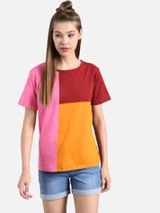 Kotty Women Red & Pink Colourblocked Round Neck T-shirt