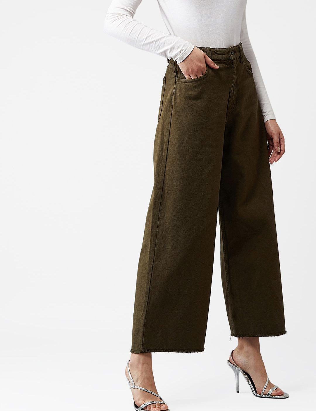 Kotty Women Olive Green Wide Leg High-Rise Clean Look Jeans