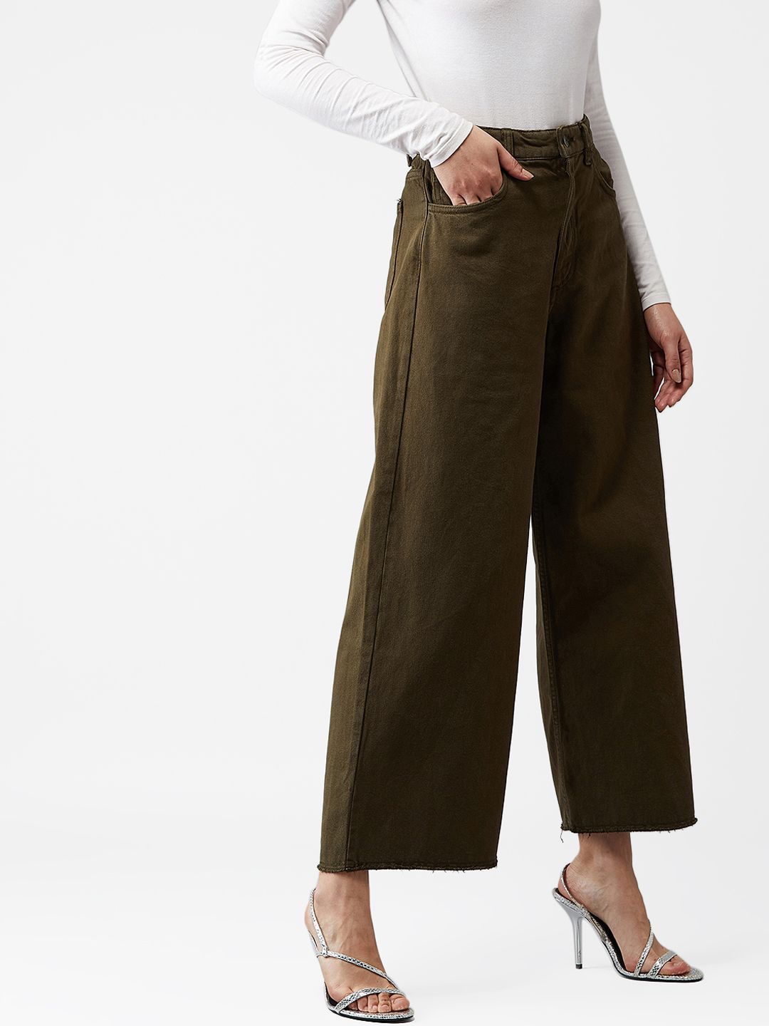 Kotty Women Olive Green Wide Leg High-Rise Clean Look Jeans