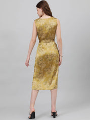 Kotty Green & White Floral Printed Cowl Neck Satin Sheath Midi Dress