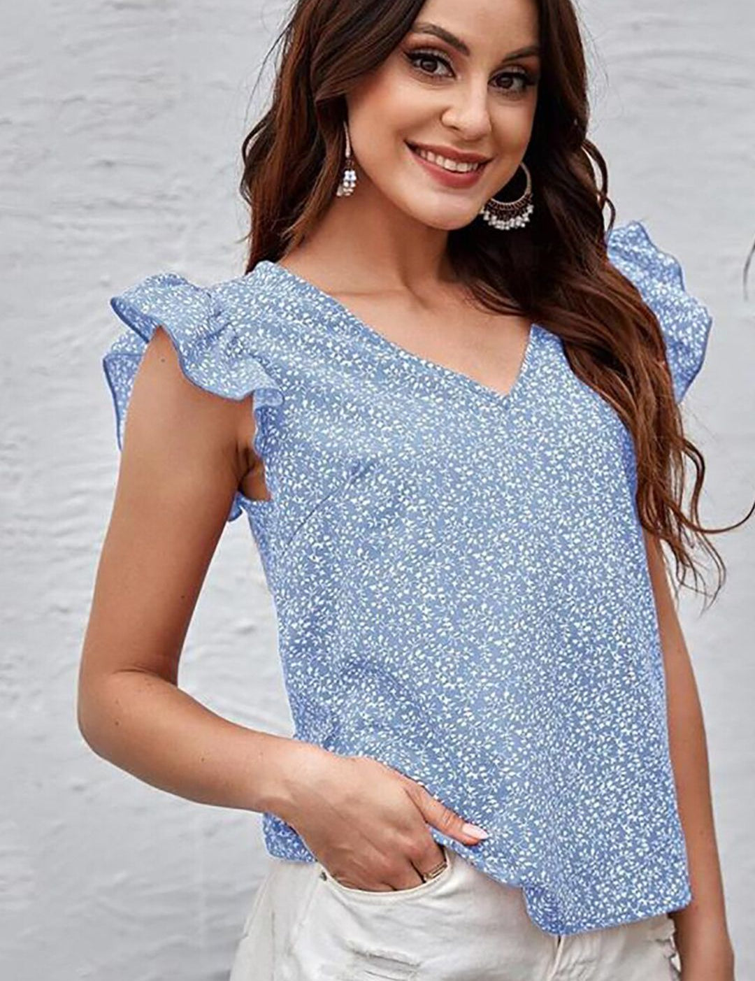 Kotty Blue Floral Printed Flutter Sleeve Top