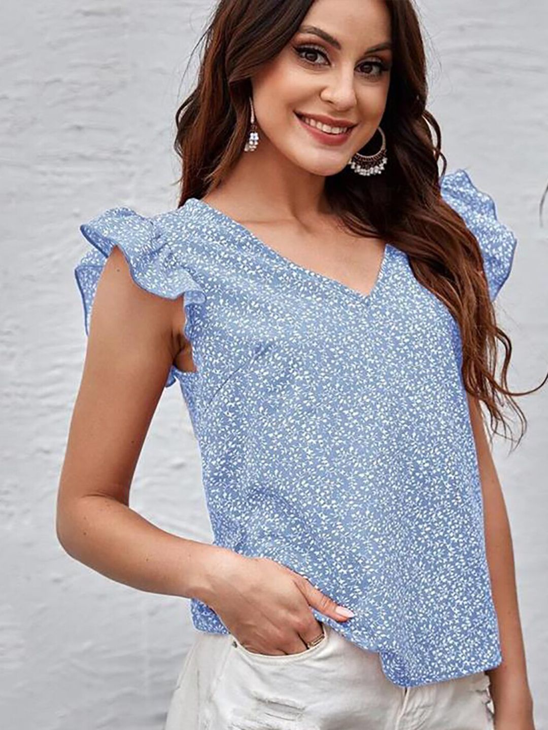 Kotty Blue Floral Printed Flutter Sleeve Top