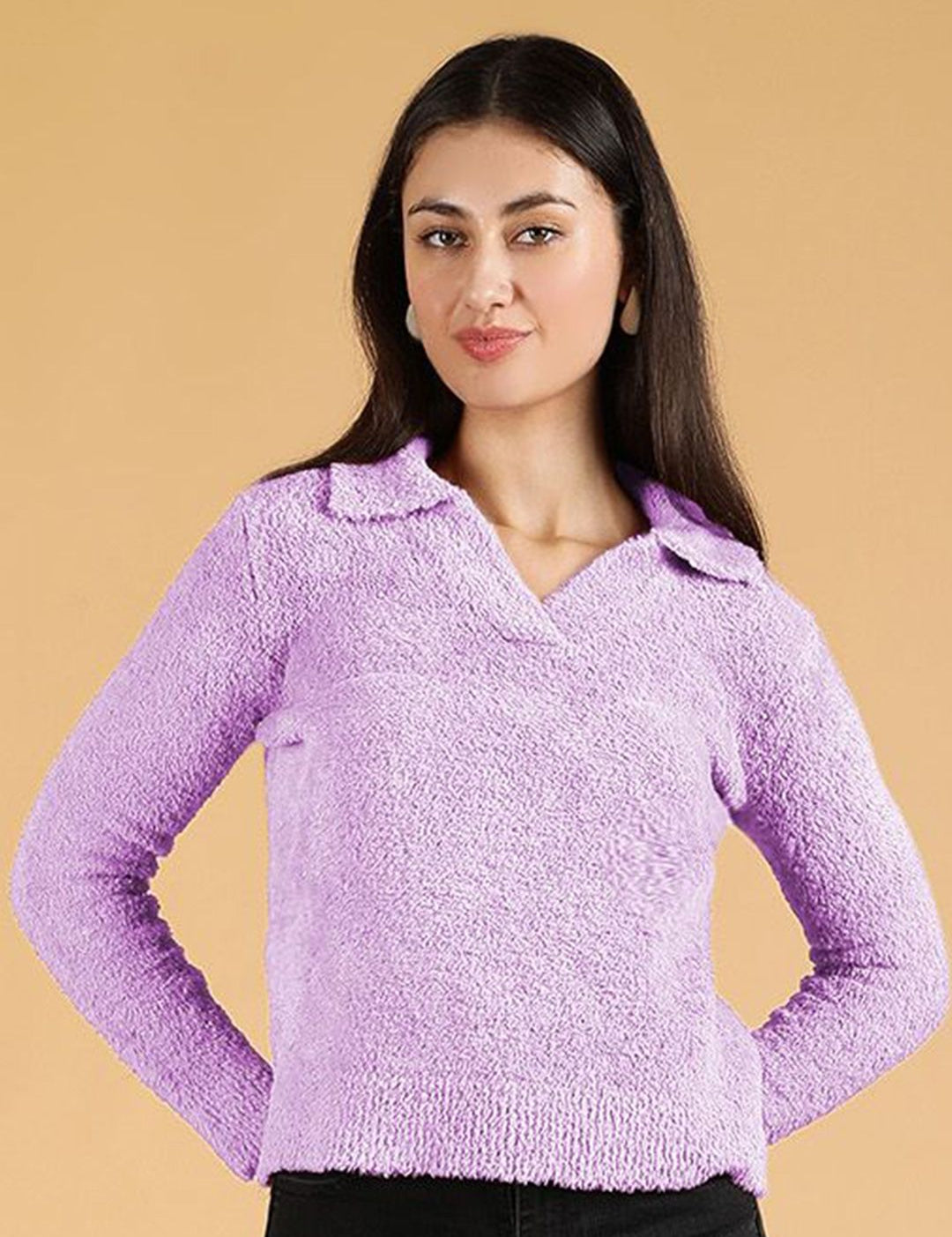 Kotty Women Lapel Collar Fuzzy Pullover Sweaters