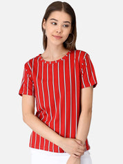 Kotty Women Red & White Striped Round Neck T-shirt