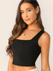 KOTTY Basics Black Square Neck Fitted Crop Top