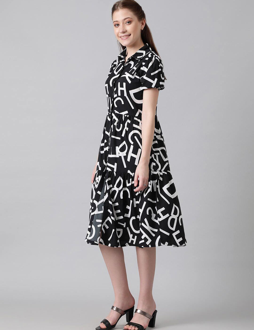 Kotty Black & White Typography Printed Shirt Style Midi Dress
