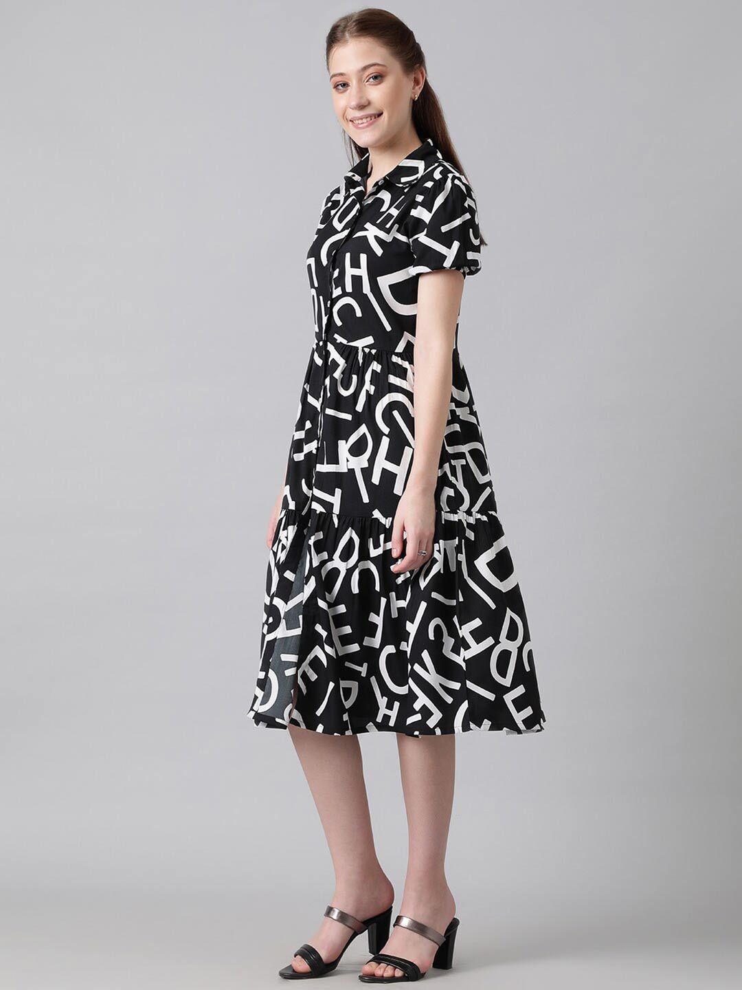 Kotty Black & White Typography Printed Shirt Style Midi Dress