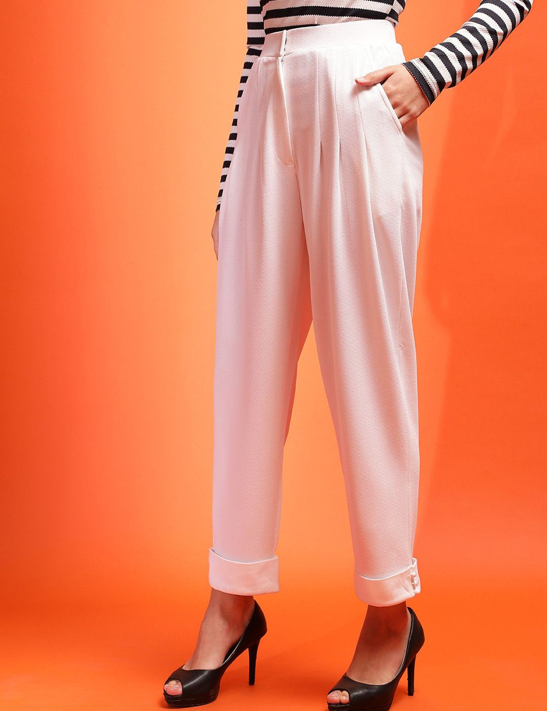 Stylecast X KOTTY BIZwear Women Relaxed Straight Leg Slim Fit High-Rise Pleated Peg Trouser