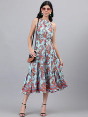 Kotty  Turoquise Blue and Orange Ethnic Printed Tiered Halter Neck Fit & Flare Dress
