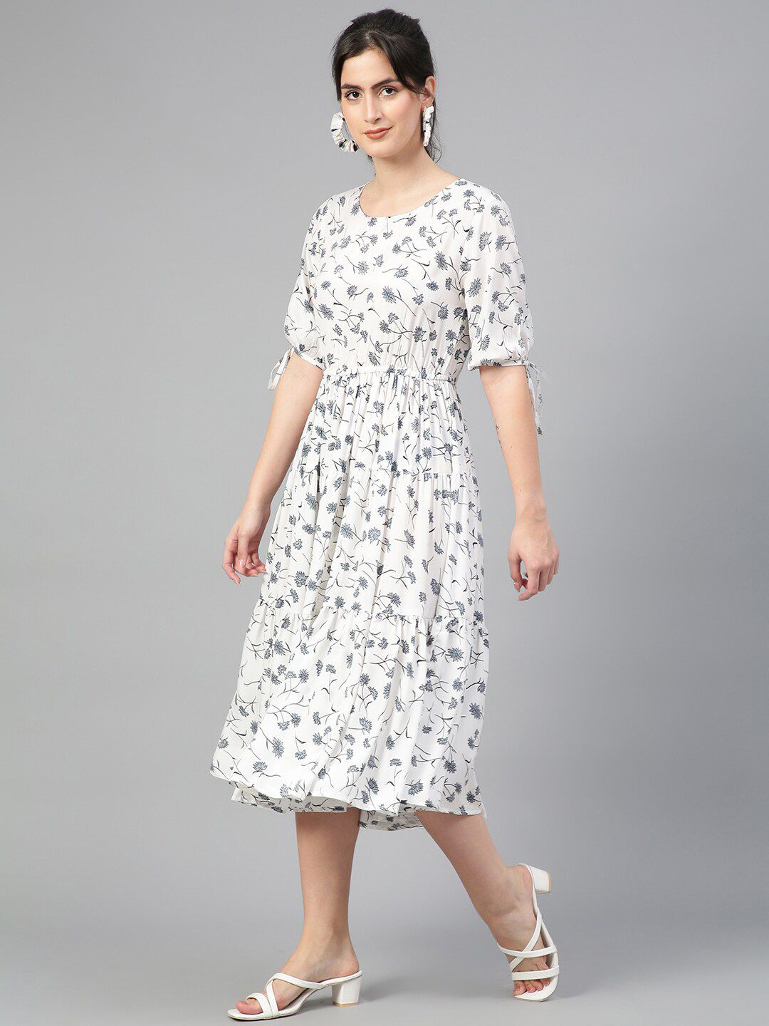 Kotty Floral Printed Puff Sleeves Fit & Flare Midi Dress