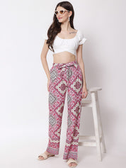 Kotty Women Purple Floral Printed Relaxed High-Rise Easy Wash Trousers