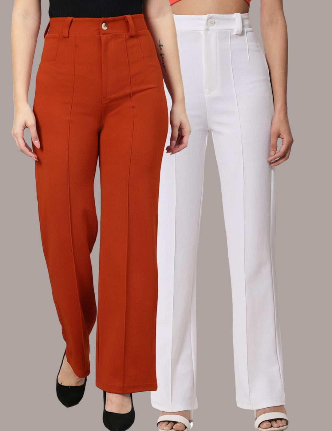 Kotty Women Pack Of 2 Relaxed Straight Leg Fit High-Rise Easy Wash Trousers