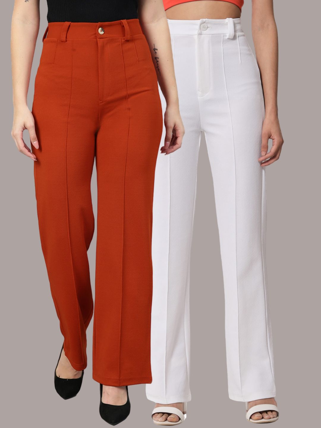 Kotty Women Pack Of 2 Relaxed Straight Leg Fit High-Rise Easy Wash Trousers