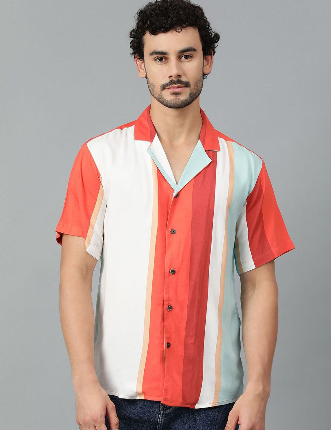 Kotty Men Cuban Collar Striped Casual Shirt