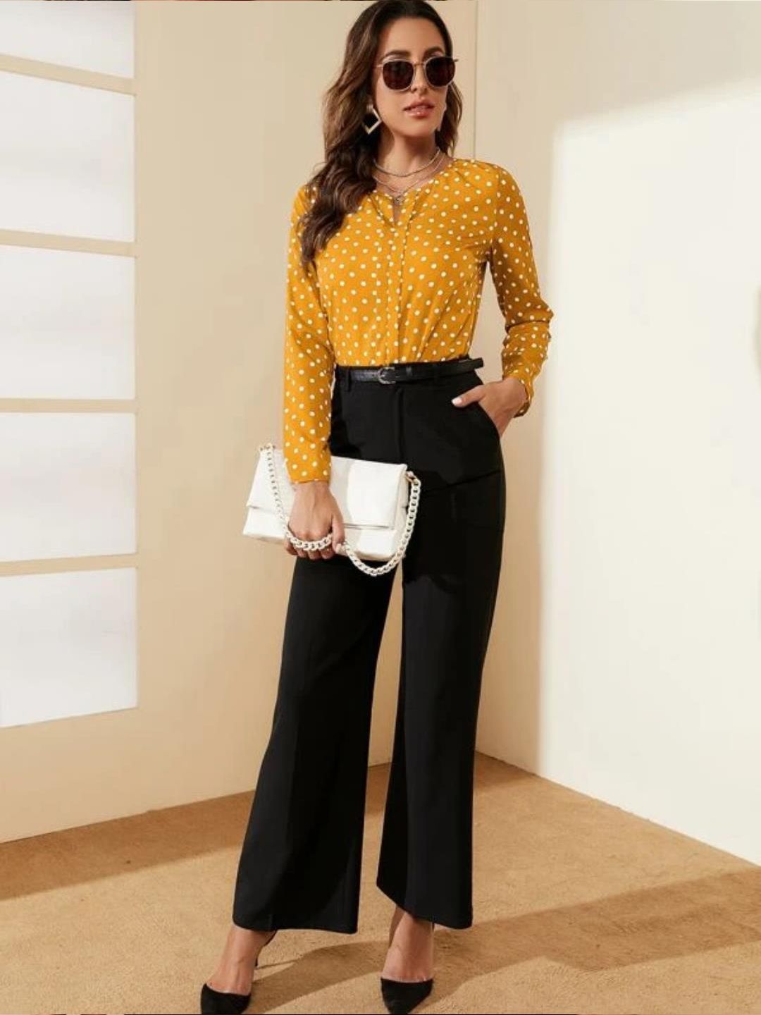 Kotty Yellow Polka Dot Printed Shirt Style Top