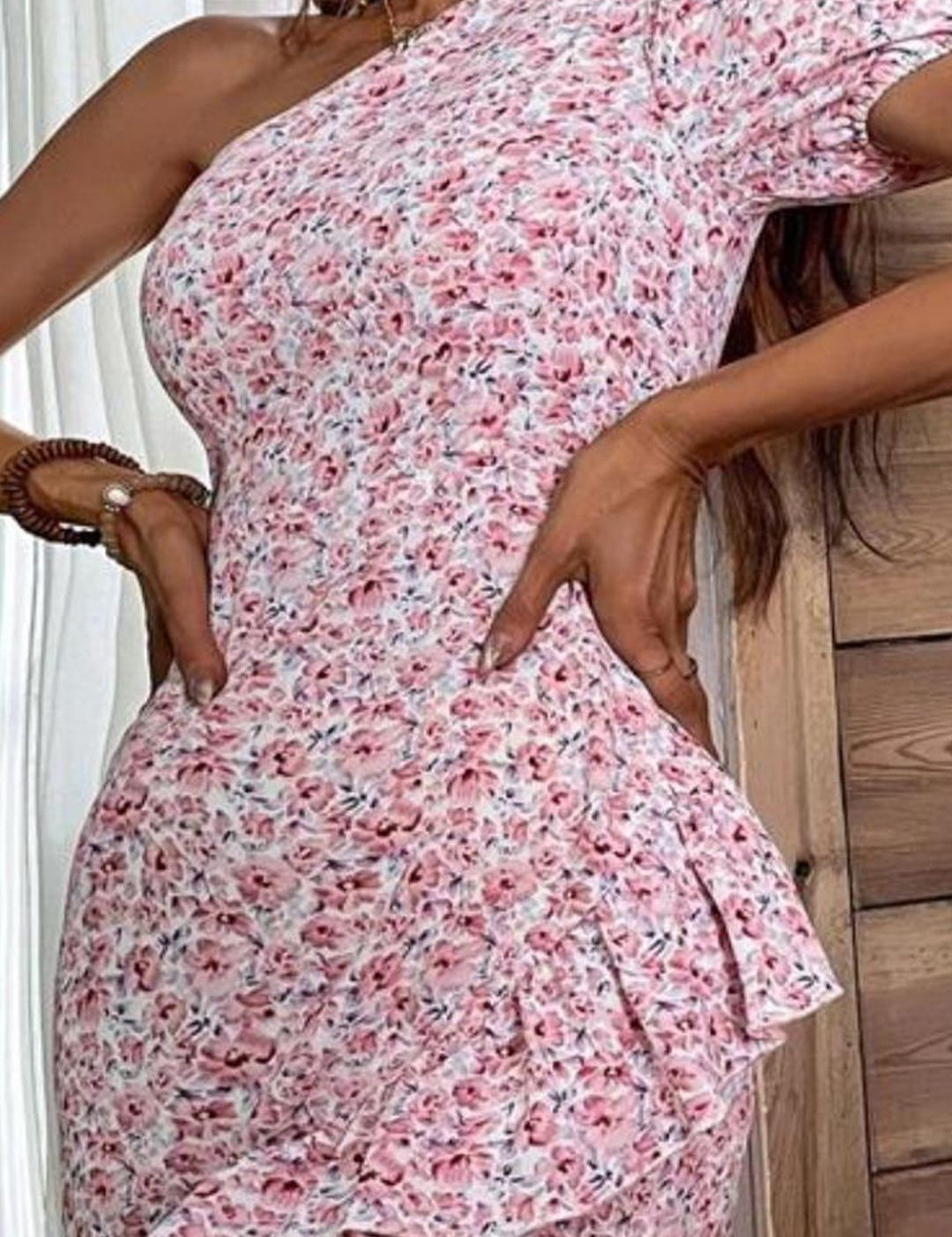 Kotty White & Pink Floral Printed One Shoulder Puffed Sleeve Ruffled Sheath Dress