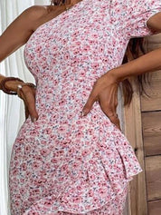 Kotty White & Pink Floral Printed One Shoulder Puffed Sleeve Ruffled Sheath Dress