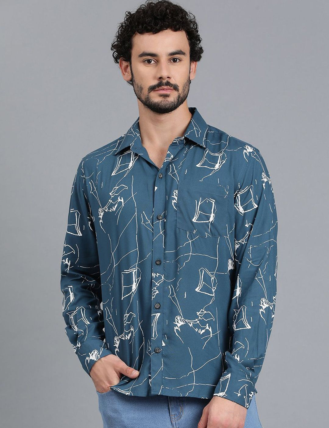 Kotty Men Abstract Printed Spread Collar Casual Shirt