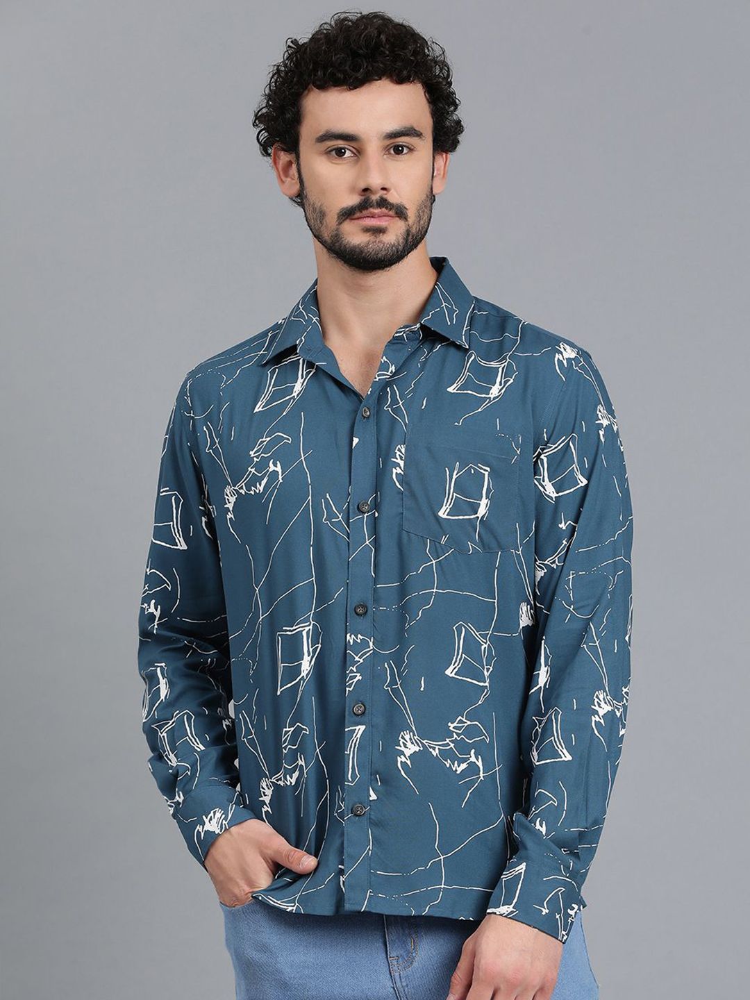 Kotty Men Abstract Printed Spread Collar Casual Shirt