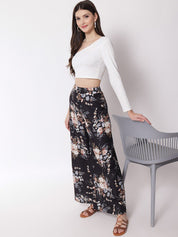 Kotty Women Black Floral Printed Relaxed Flared High-Rise Easy Wash Trousers