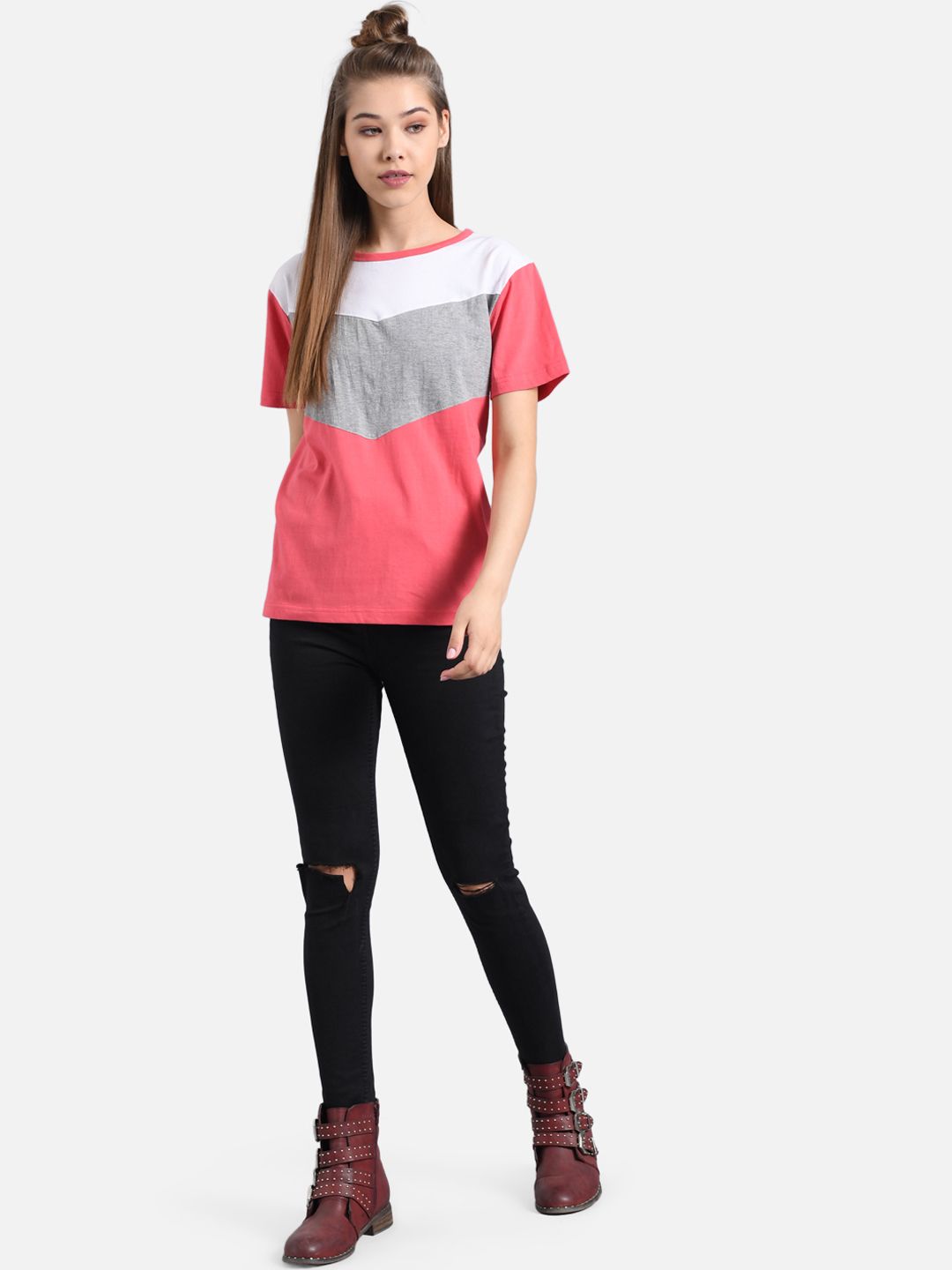 Kotty Women Pink Colourblocked Round Neck T-shirt