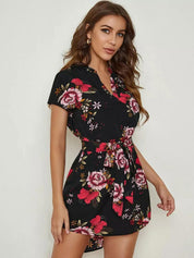 Kotty Black & Red Floral Printed Mandarin Collar Extended Sleeves A-Line Mini Dress