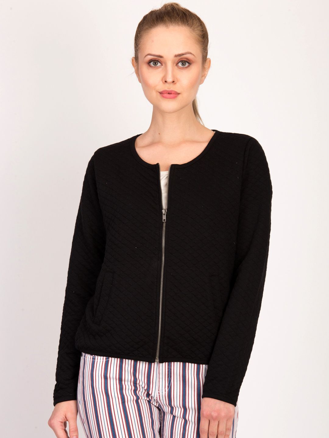 Kotty Women Black Self Design Open Front Jacket