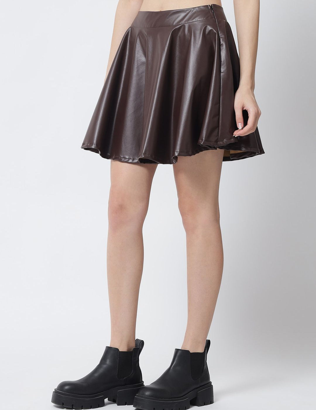 Kotty Women Brown Solid Flared Leather Mini Skirts