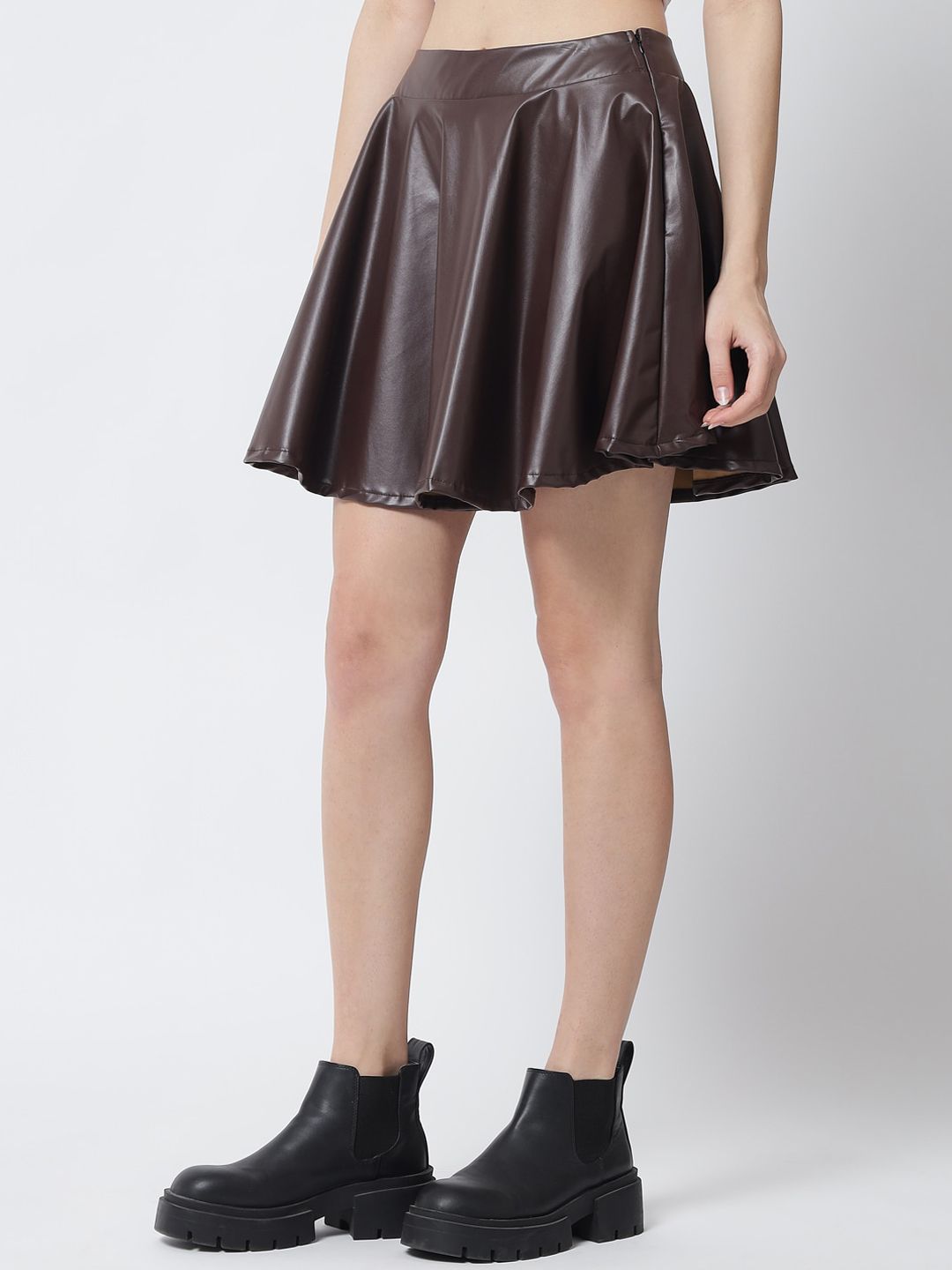 Kotty Women Brown Solid Flared Leather Mini Skirts