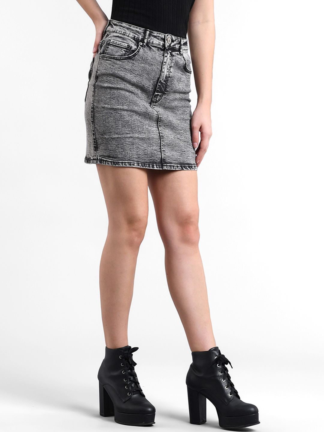 Kotty Women Grey Solid Denim Mini Straight Skirt