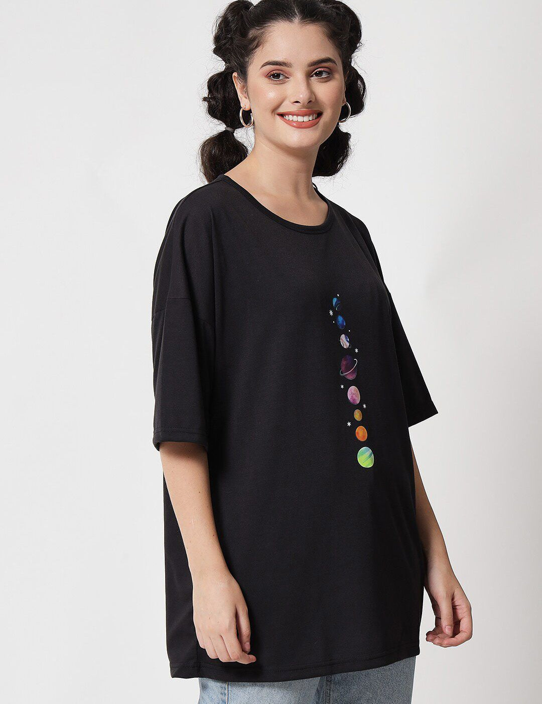 Kotty Women Black Typography Printed Applique Oversized T-shirt