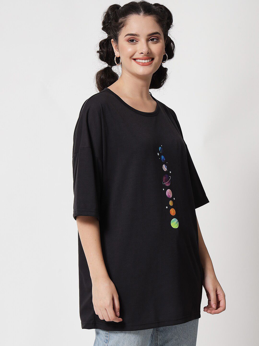 Kotty Women Black Typography Printed Applique Oversized T-shirt