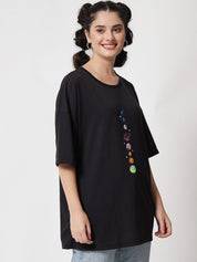 Kotty Women Black Typography Printed Applique Oversized T-shirt
