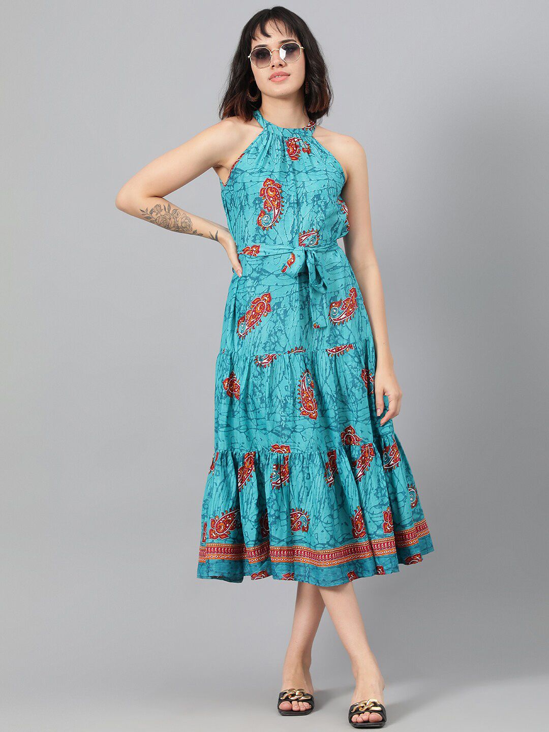 Kotty Turquoise Blue Ethnic Motif Printed Tiered Fit & Flare Midi Dress With Belt