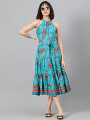 Kotty Turquoise Blue Ethnic Motif Printed Tiered Fit & Flare Midi Dress With Belt