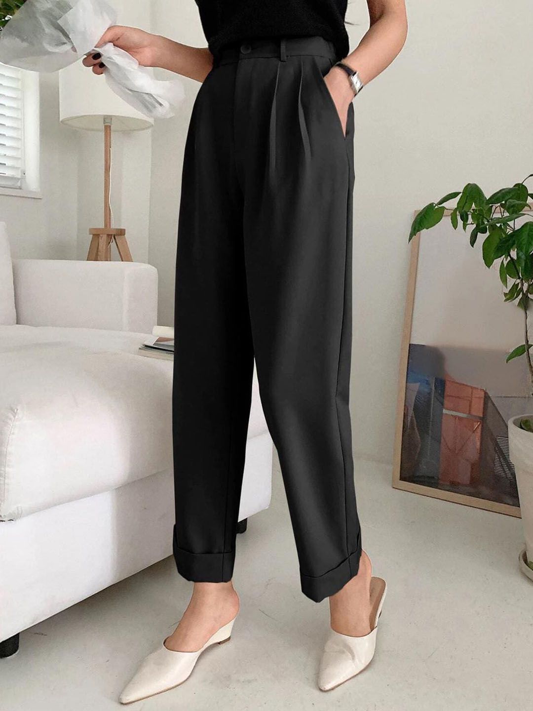 Kotty Women Relaxed Straight Leg Straight Fit High-Rise Parallel Trousers