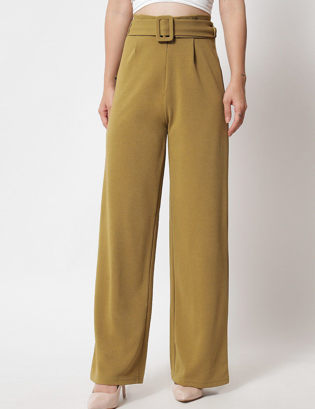 KOTTY BIZwear Women Brown Relaxed Straight Fit High-Rise Easy Wash Pleated Trousers