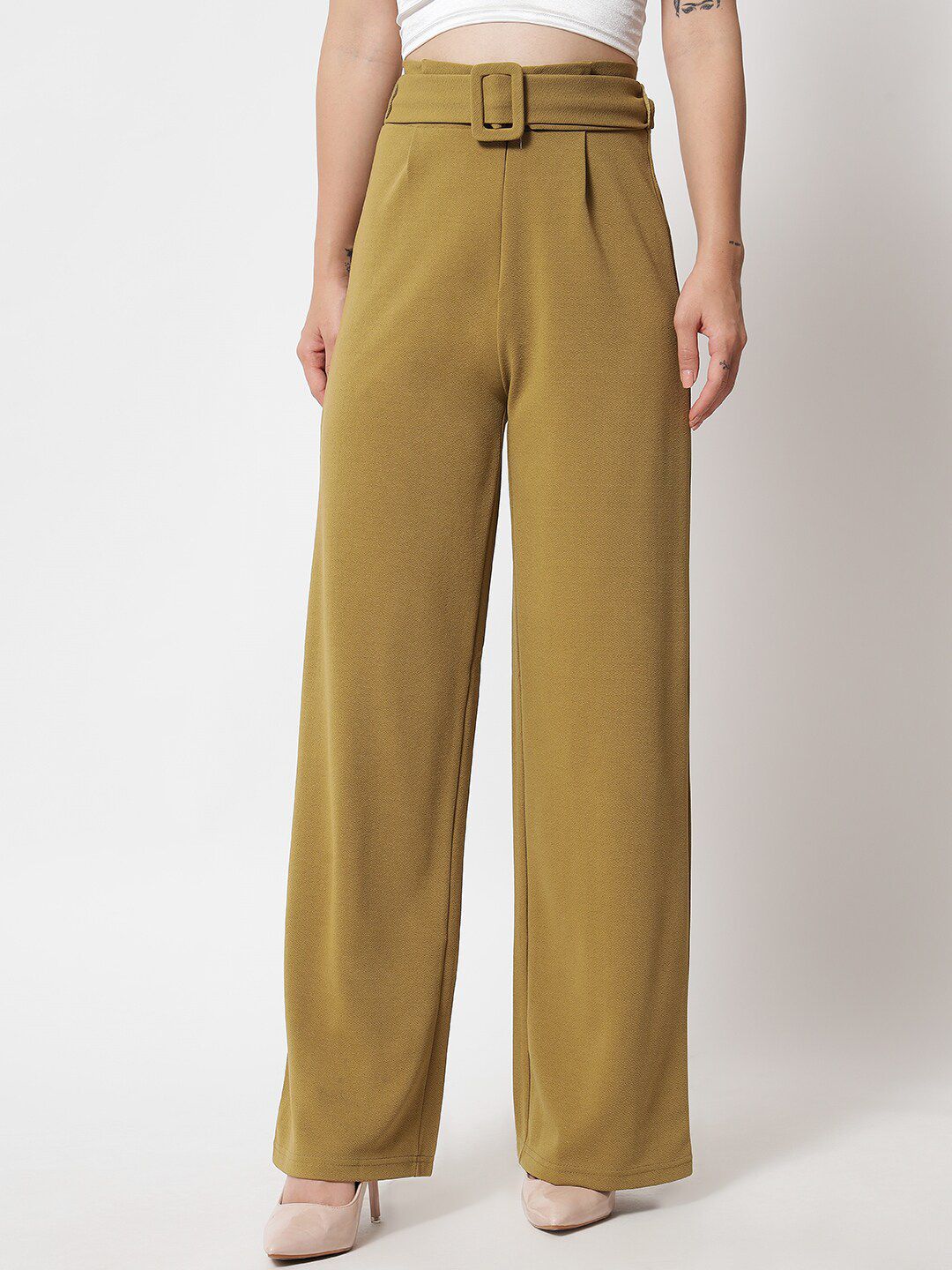 KOTTY BIZwear Women Brown Relaxed Straight Fit High-Rise Easy Wash Pleated Trousers