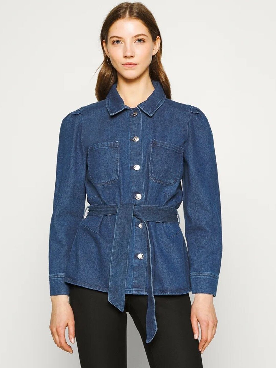 Kotty Women Blue Washed Longline Denim Jacket
