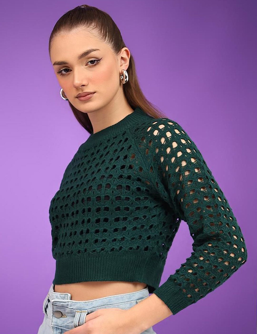 Kotty Women Cotton Self Design Open Knit Crop Pullover Sweaters