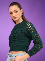 Kotty Women Cotton Self Design Open Knit Crop Pullover Sweaters