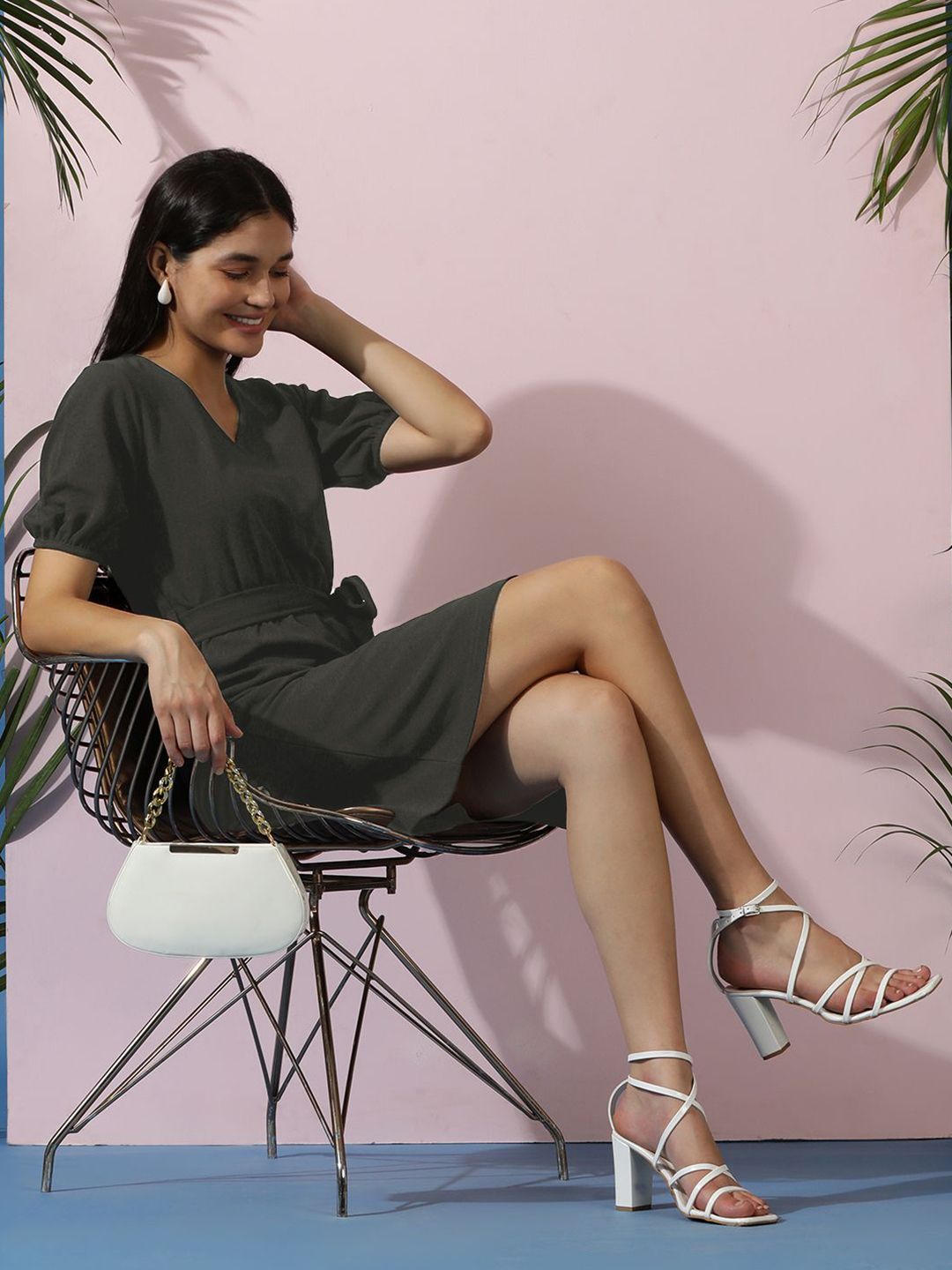 Kotty Women Solid Puff Sleeve A-Line Dress