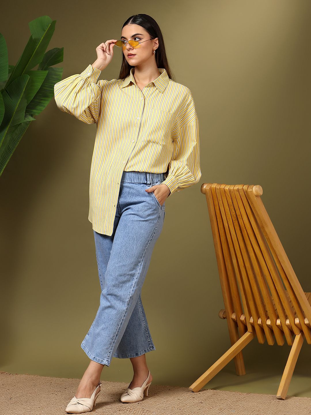 Kotty Women Spread Collar Vertical Striped Cotton Casual Shirt
