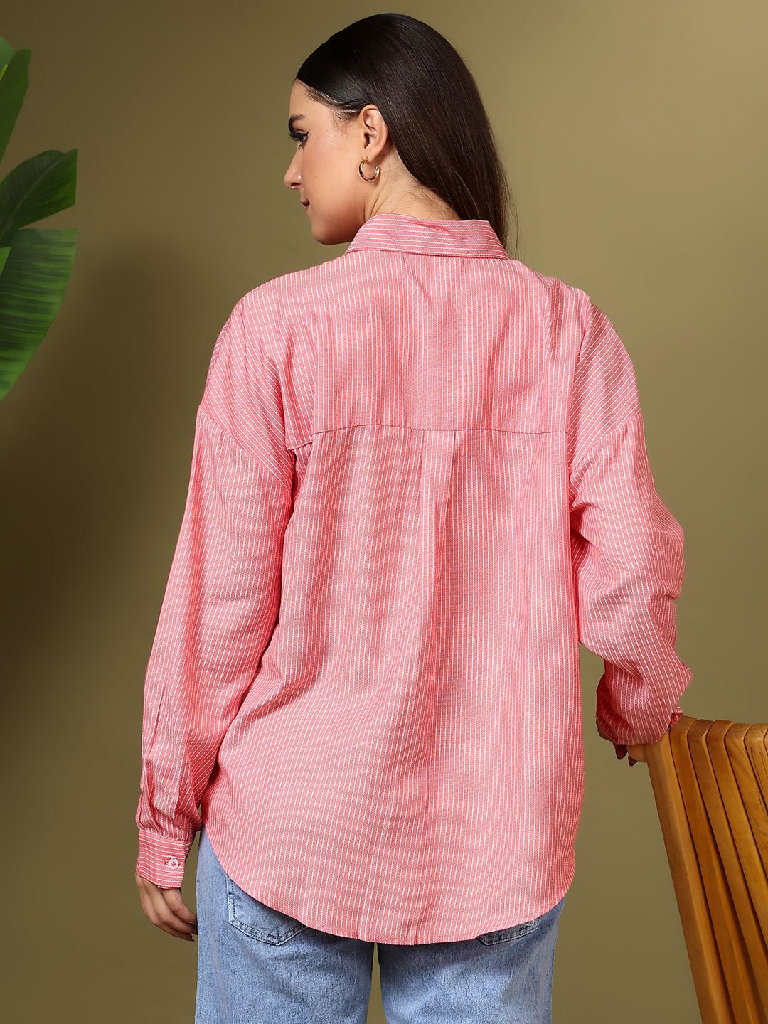 Kotty Women Relaxed Fit Spread Collar Vertical Striped Cotton Casual Shirt