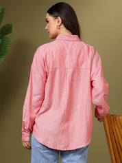 Kotty Women Relaxed Fit Spread Collar Vertical Striped Cotton Casual Shirt