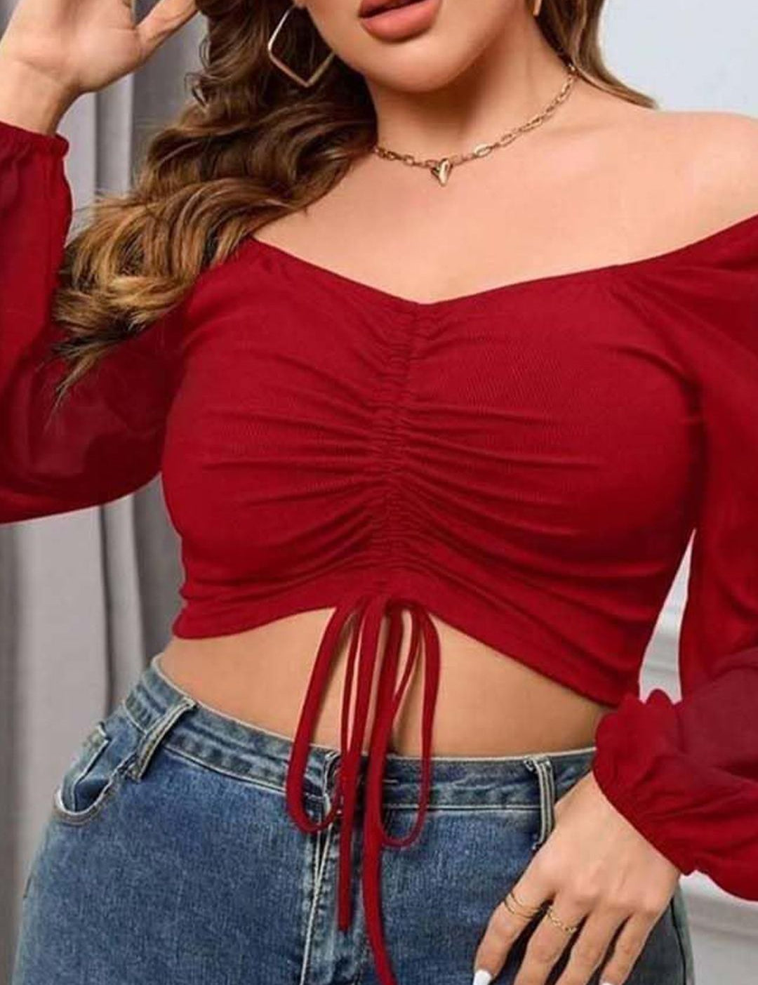 KOTTY Women Plus Size Puff Sleeves Fitted Crop Top With Ruched Details