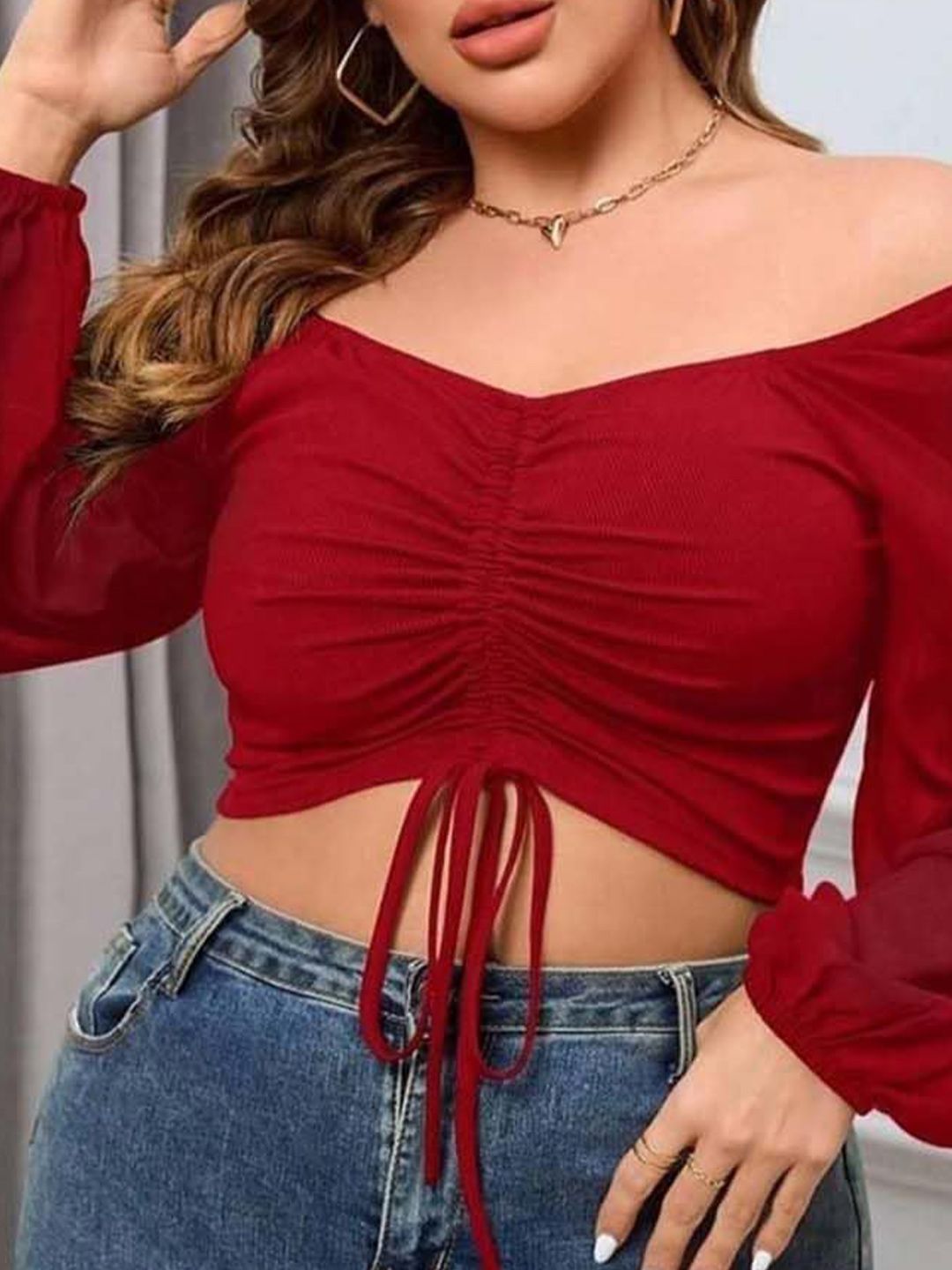 KOTTY Women Plus Size Puff Sleeves Fitted Crop Top With Ruched Details
